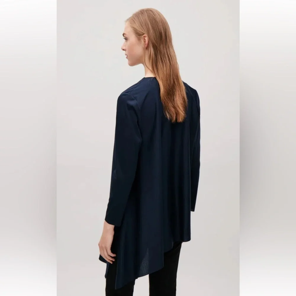 COS Asymmetrical Raw Hem Lagenlook V Neck Cotton Navy Blue Top Size Small - Picture 3 of 10